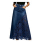 High waist A-line denim maxi skirt with a floral guipure lace panel and scalloped hem light blue wash full length view