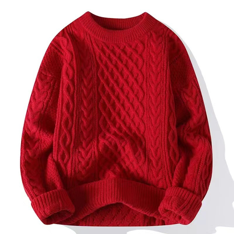 Cable twist knit crewneck sweater shown flat, roomy body with dropped shoulders