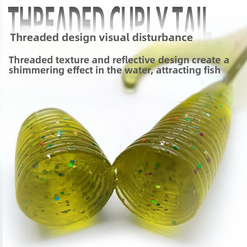 Close up of soft plastic spiral tail lure material and ribbed texture