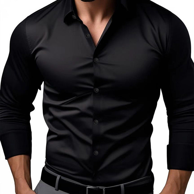 Slim fit button up dress shirt shown on a male model in a solid color with buttoned cuffs