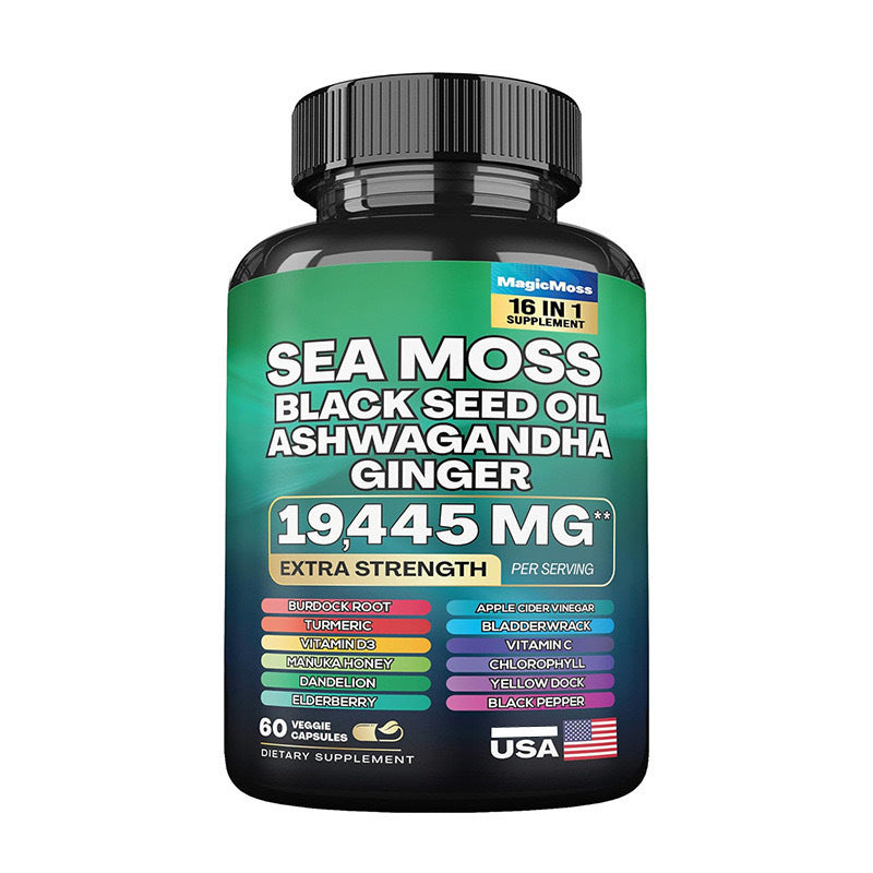 Sea moss and shilajit capsules bottle held in hand for daily supplement use