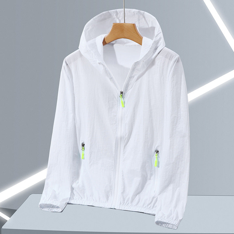White hooded zip jacket with front zip and slanted zip pockets on a hanger