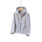 Light grey thin hooded zip jacket laid flat showing the hood, front zip and elastic cuffs