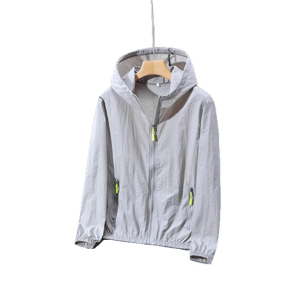 Light grey thin hooded zip jacket laid flat showing the hood, front zip and elastic cuffs