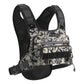 Adjustable sternum strap and buckle on the front of the chest worn hydration rig