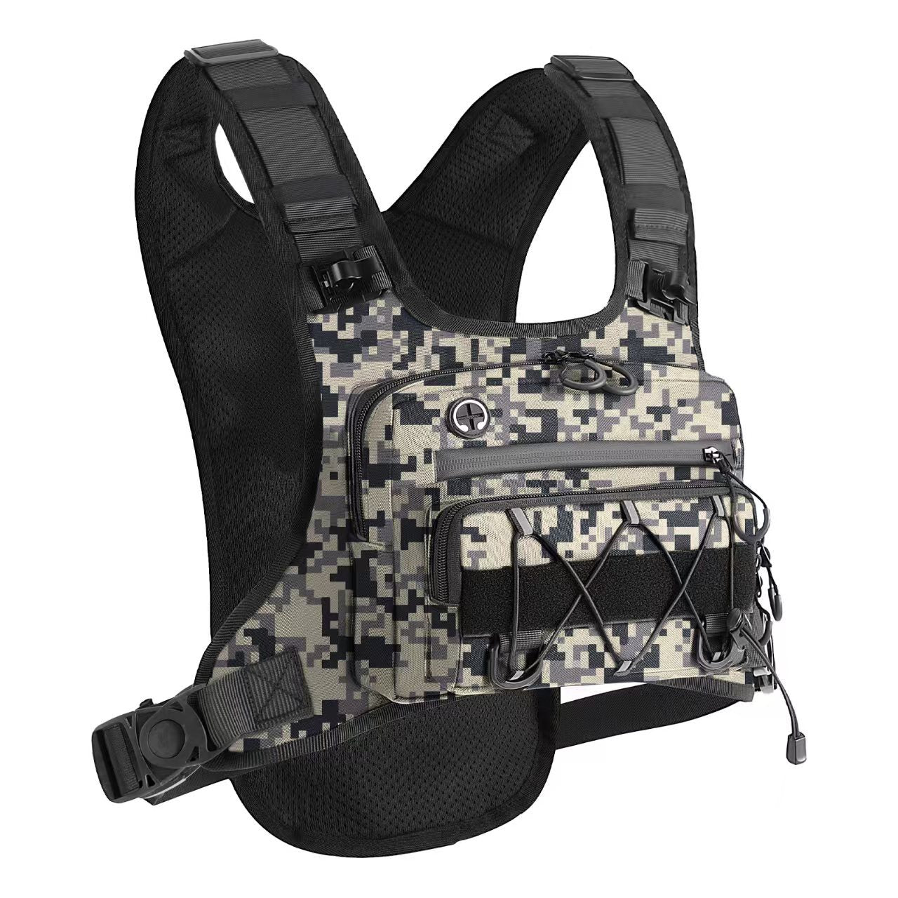 Adjustable sternum strap and buckle on the front of the chest worn hydration rig