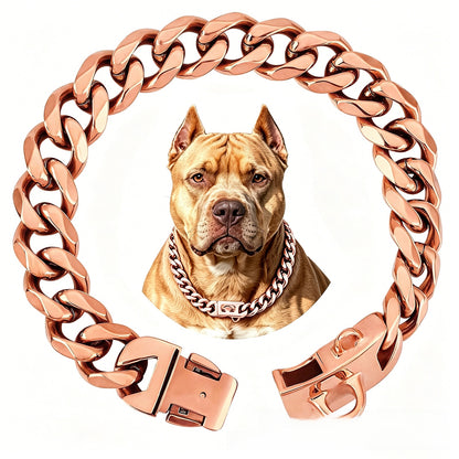 Polished stainless steel Cuban link dog collar shown as a full loop with a snap lock buckle