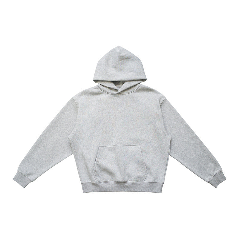 Heather Gray pullover hoodie with front pouch pocket and rib knit cuffs flat on white, size XL option
