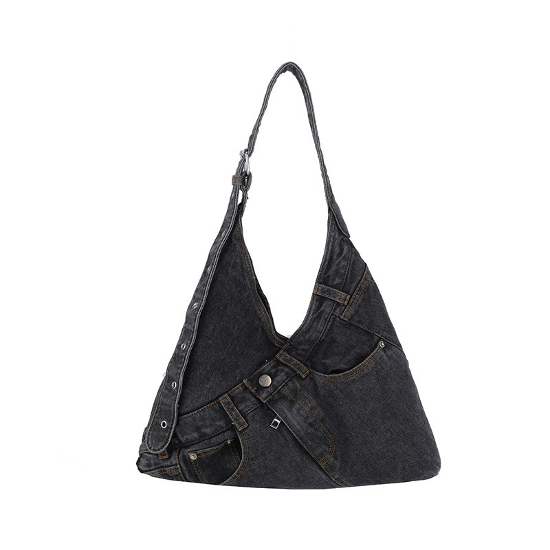 Black denim canvas shoulder bag with patch pockets and belt loops