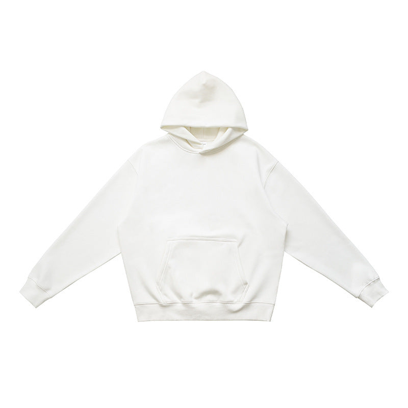 Off-White pullover hoodie with front pouch pocket and rib knit cuffs flat on white, size L option