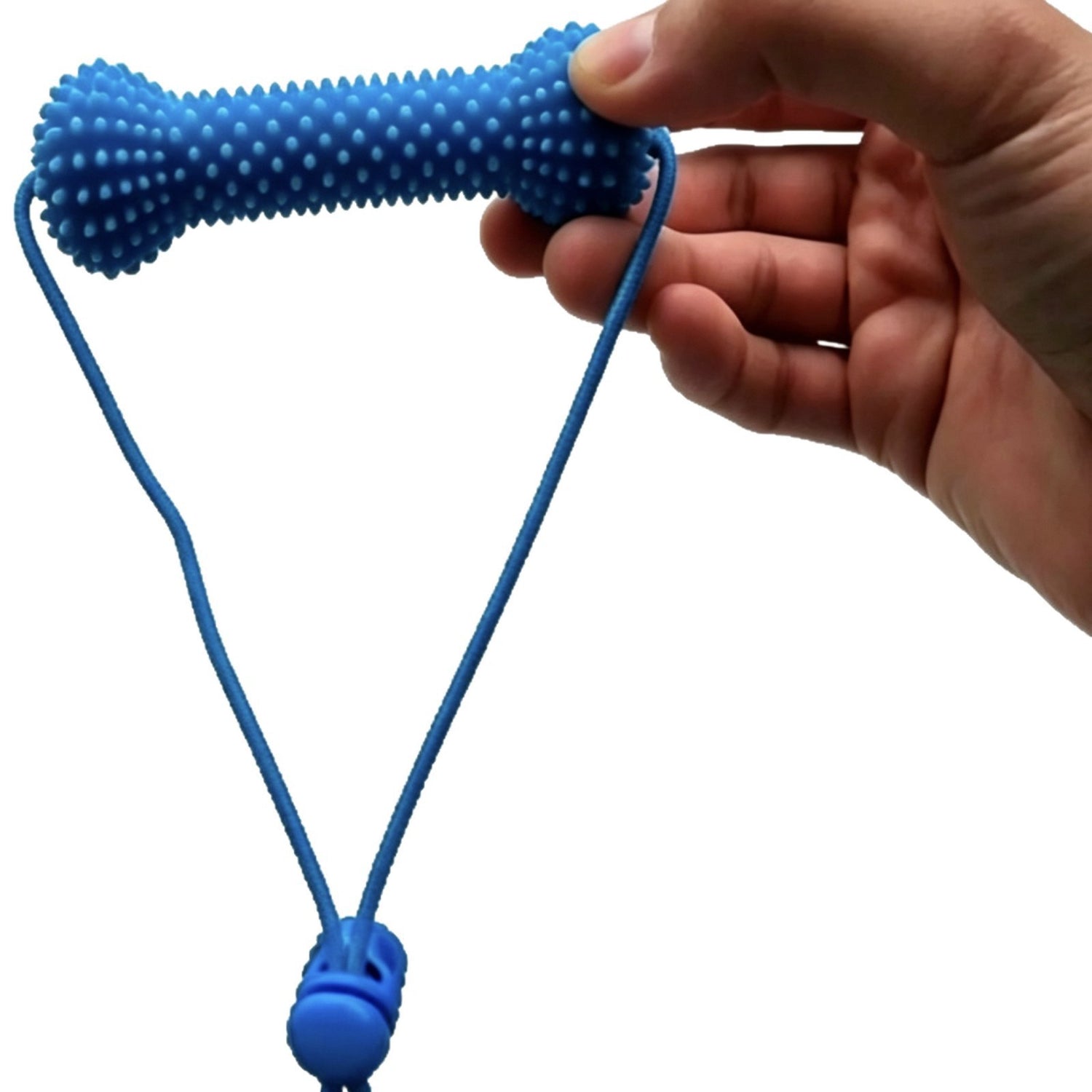 Close crop of the blue nubbed bone chew toy held in a hand, cord loop and blue cord lock hanging below