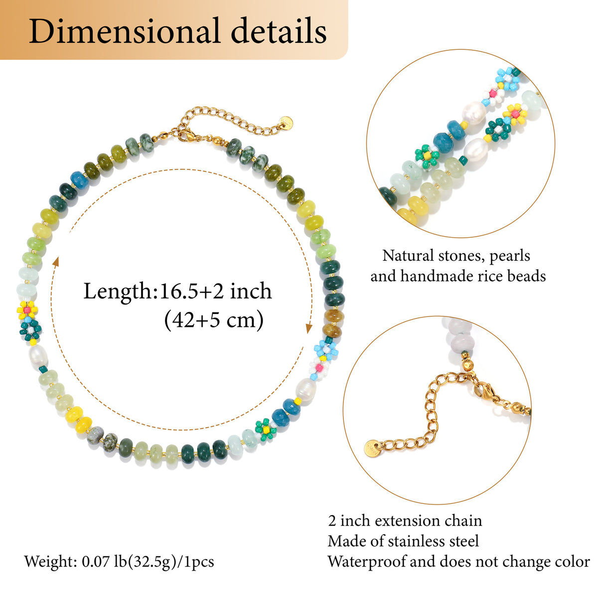 Jade green colorway of the stone bead necklace with glass daisy flowers and freshwater pearls