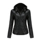Black PU leather jacket with detachable hood, size XXL option