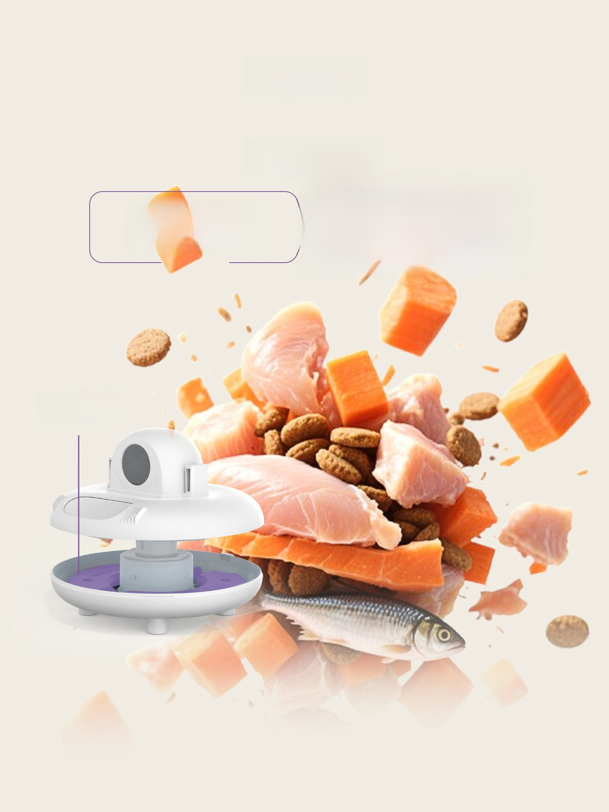 Exploded view of the cat feeder showing the domed top, central column and six compartment tray above scattered cat food