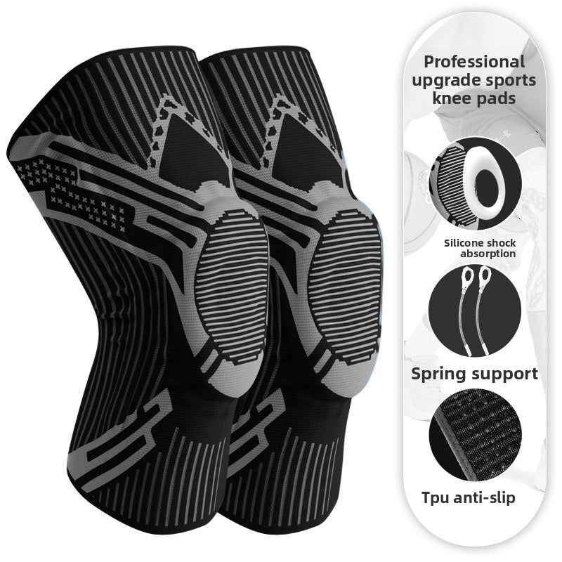 Sports knee brace with reinforced padded kneecap panel and adjustable support strap