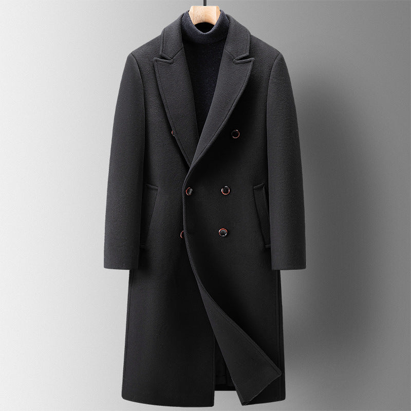 Black double-breasted long coat with peak lapels and down liner option over a dark turtleneck, size 190/XXXL option