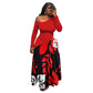 One-shoulder plus size maxi dress with a wide swing skirt in a bold print