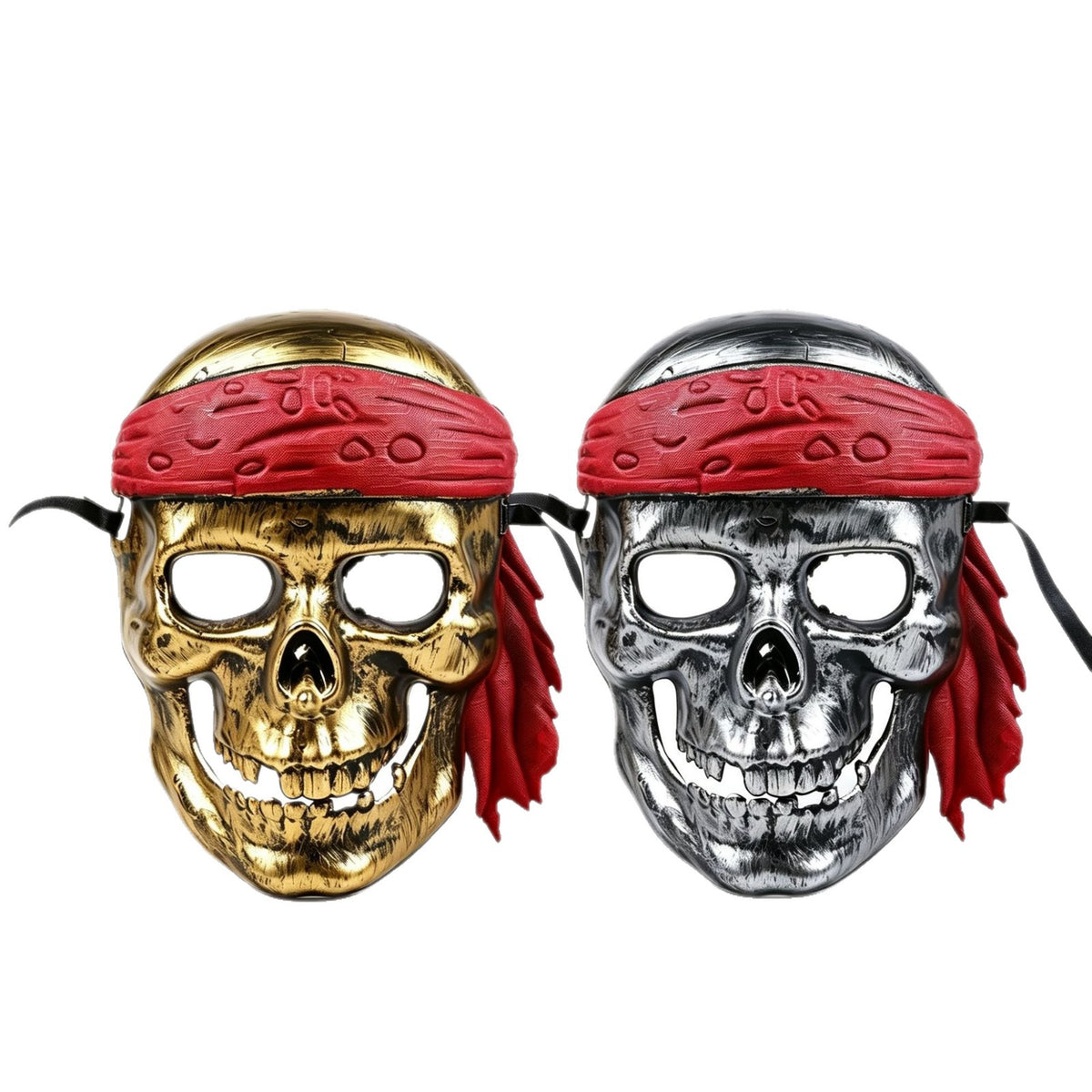 Distressed gold pirate skull mask showing sculpted teeth and open jaw for costume wear
