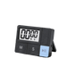 Black plastic digital timer with fold out kickstand shown at an angle on a white background