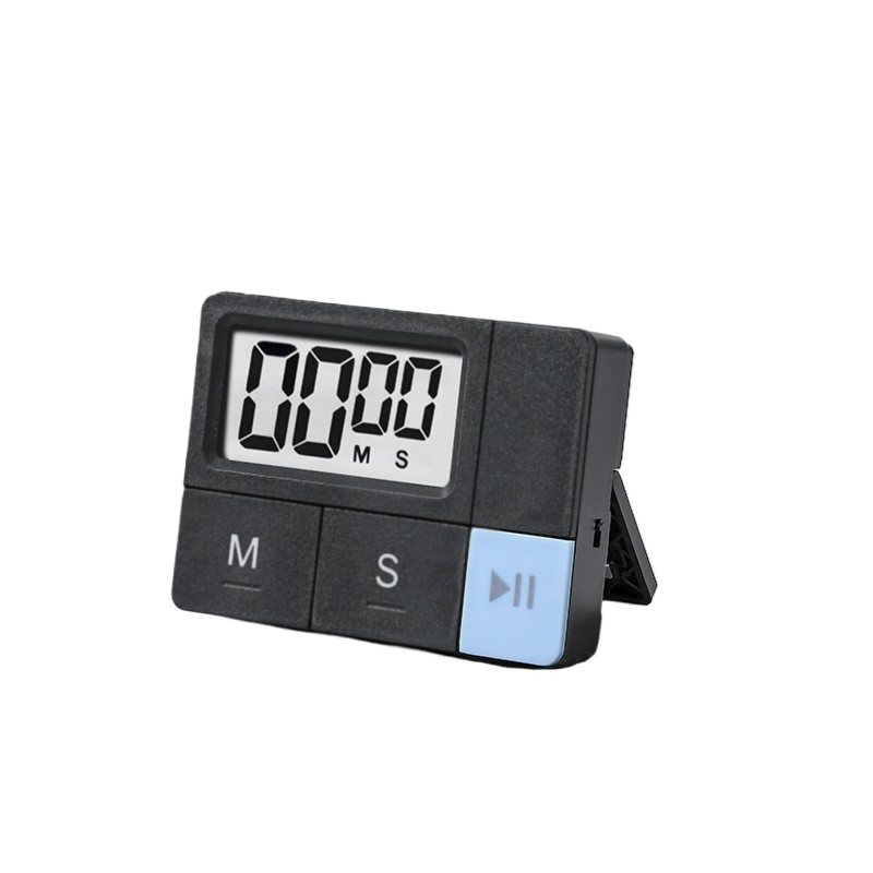 Black plastic digital timer with fold out kickstand shown at an angle on a white background