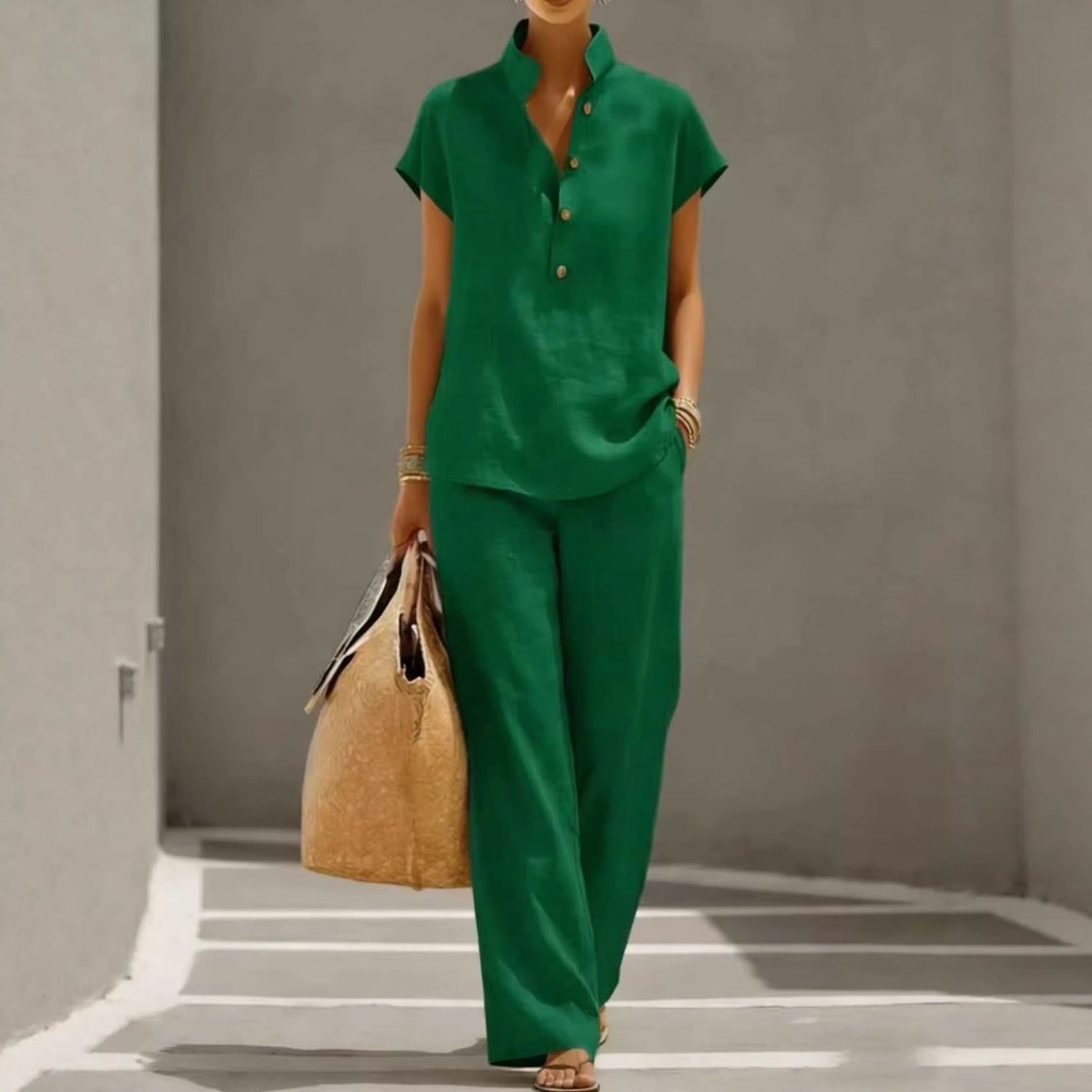 Top and wide-leg pants set shown for comfort and drape on the body