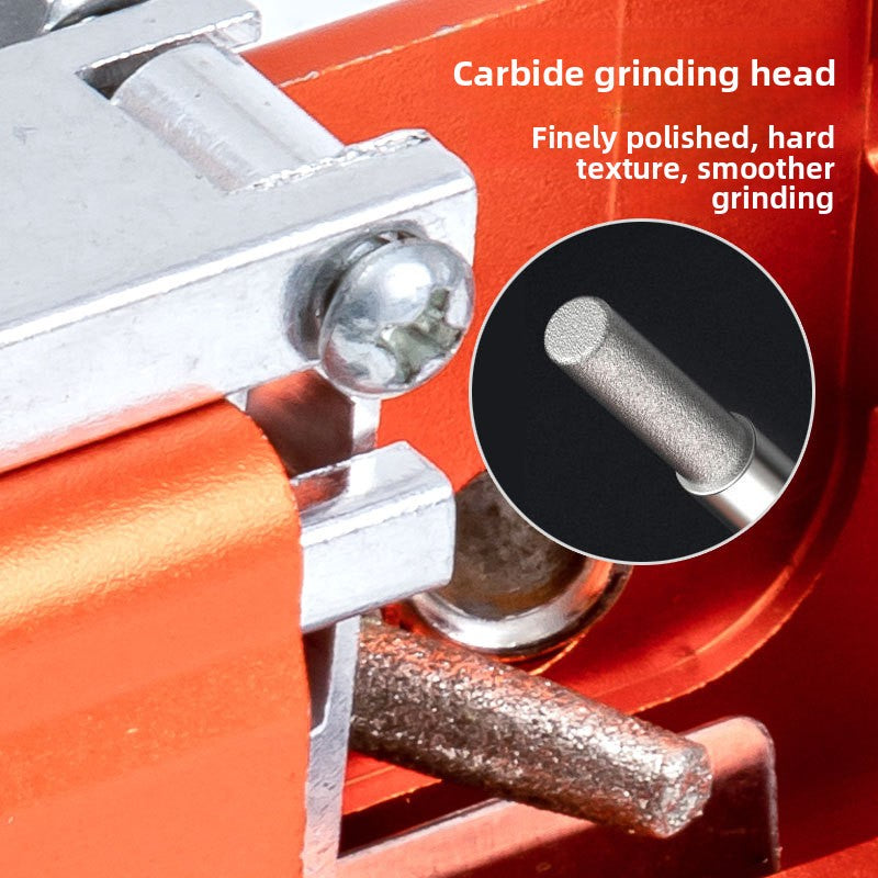 Orange chainsaw chain sharpener with adjustable star knobs and the carbide grinding head