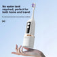 Hand holding a white 2-in-1 toothbrush and water flosser by its base on a blue background