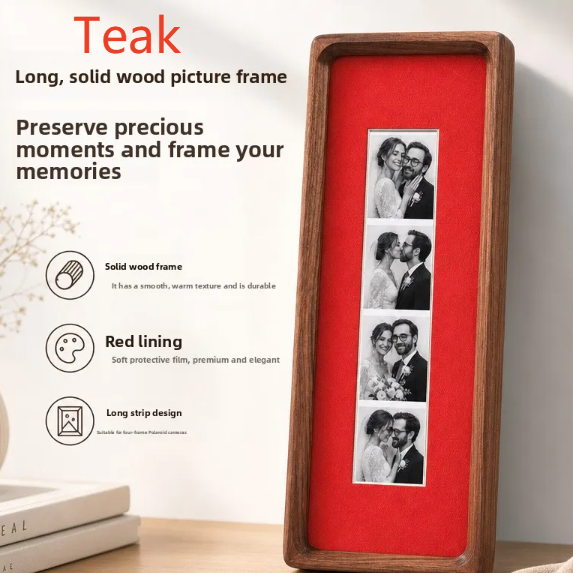 Teak photo strip frame with romantic red lining and a tempered glass front leaning by a shelf of books