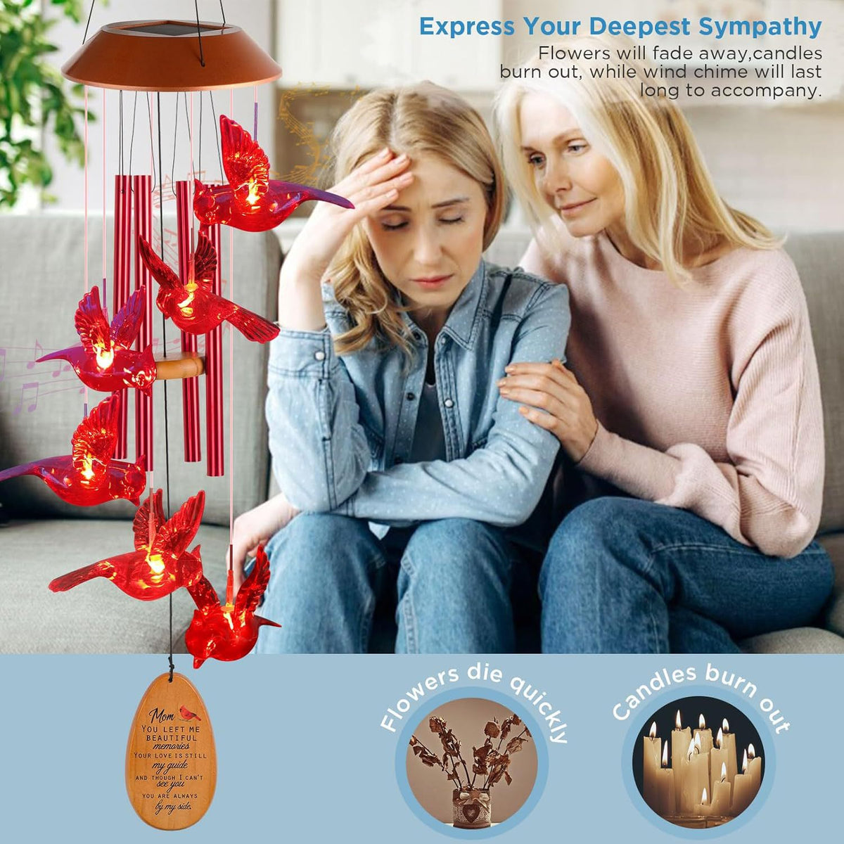 Red bird wind chime with red tubes and a wooden pendant on a sympathy gift banner with two women on a sofa