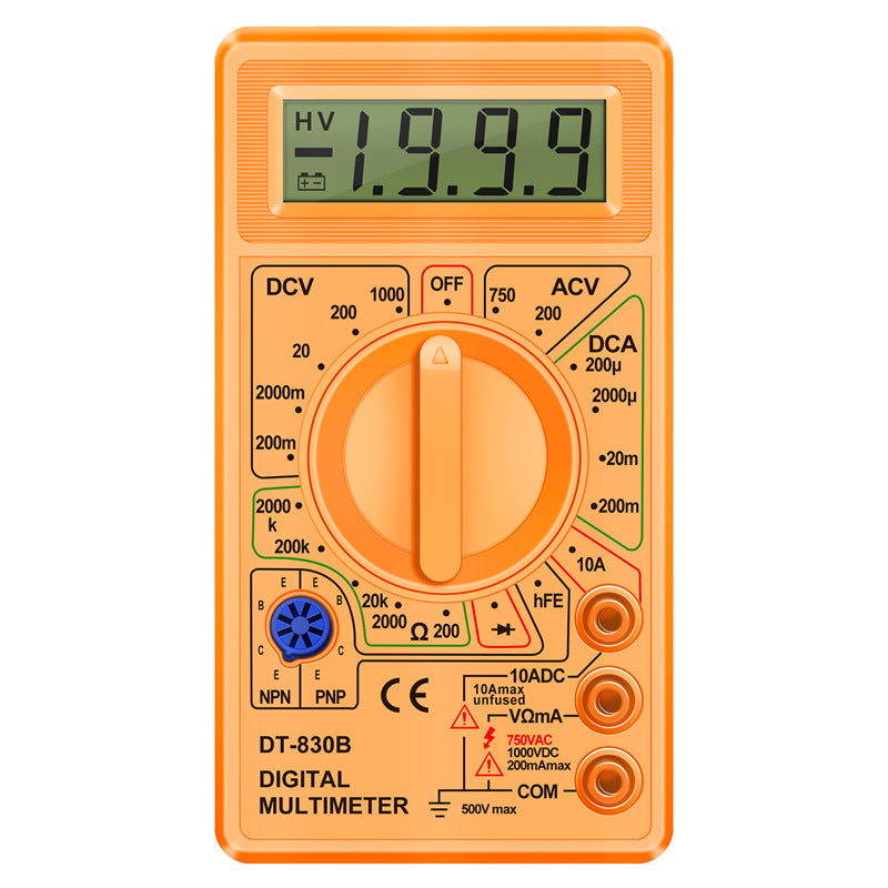 Yellow ANENG DT-830B digital multimeter with rotary dial and 3.5 digit LCD, front view