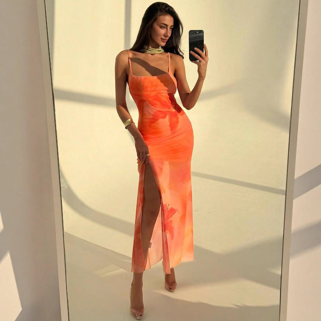 Pleated Print Tulle Slip Dress, floaty pleated tulle slip dress full silhouette