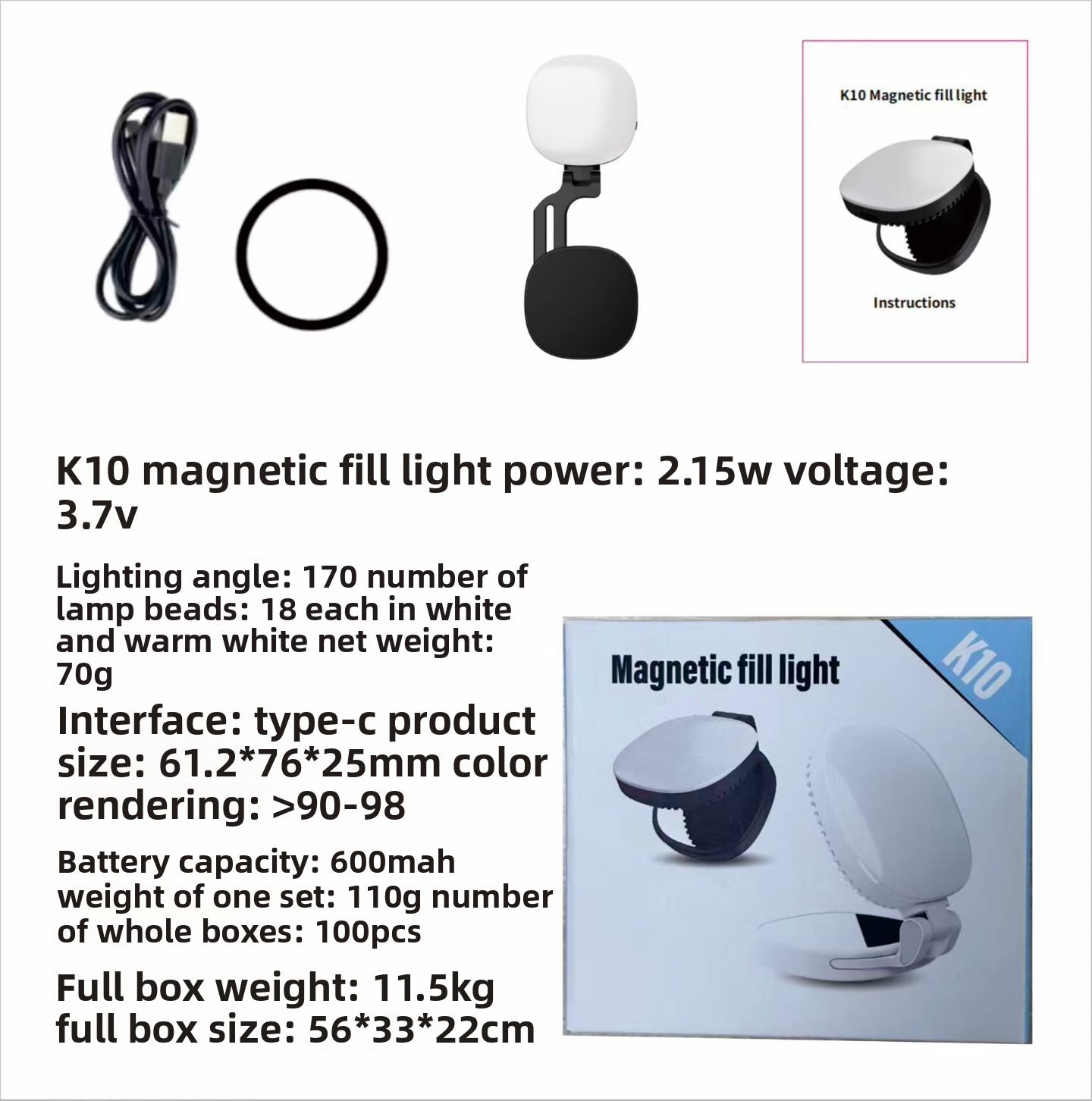 Magnetic clip on fill light with USB cable and ring showing eighteen LED beads