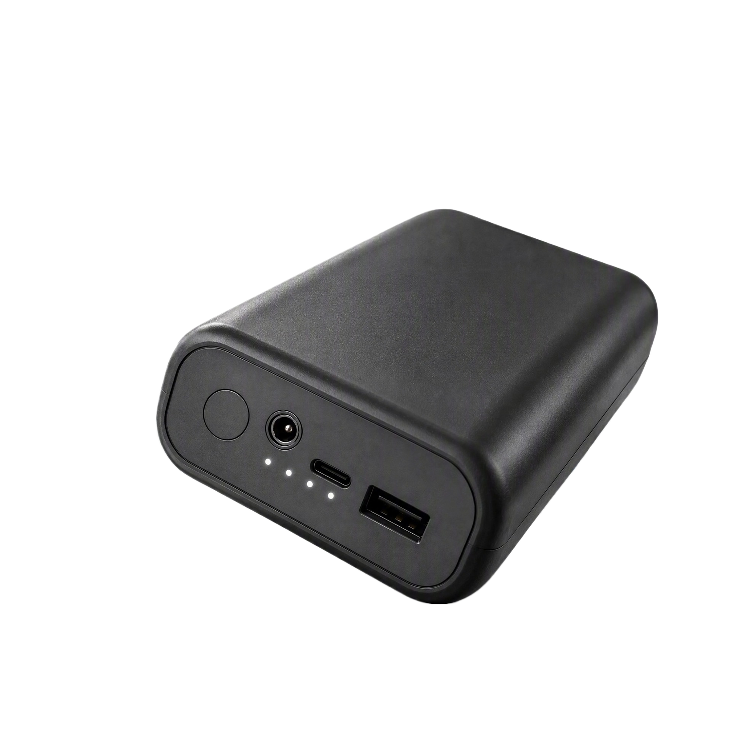 Black power bank marked 20000mAh with DC output plus USB-A and USB-C ports against a factory backdrop