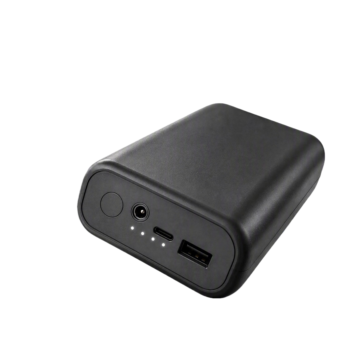 Black power bank marked 20000mAh with DC output plus USB-A and USB-C ports against a factory backdrop