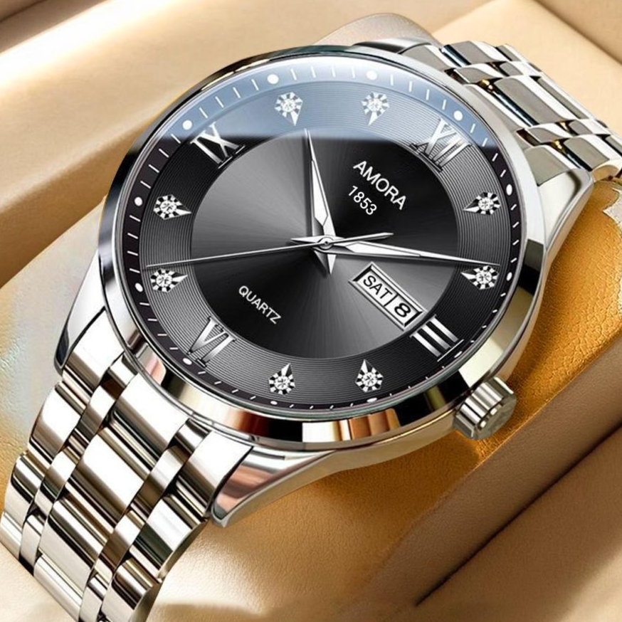 Angled hero shot of the men's stainless steel quartz watch