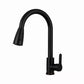 Black single lever kitchen faucet on white, pull out head with its shift button seen from the front