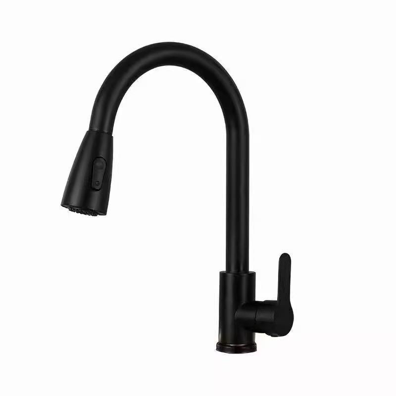 Black single lever kitchen faucet on white, pull out head with its shift button seen from the front