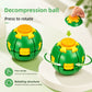 Green and yellow decompression fidget ball being pressed on top to start its gears spinning