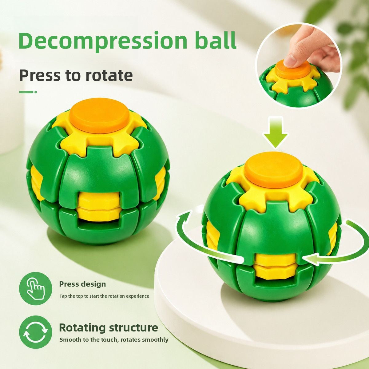 Green and yellow decompression fidget ball being pressed on top to start its gears spinning