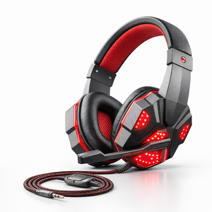 Wired gaming headset shown in a desk gaming setup with monitor and keyboard