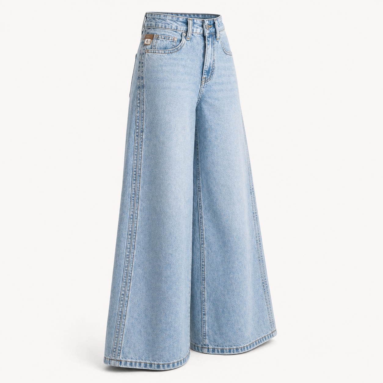 Front view of high waist wide leg jeans with metal button and zip fly