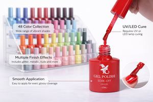 Front view of a UV gel nail polish bottle with brush cap and colored gel