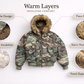 Reversible Camo Puffer Jacket | faux fur hood collar close up