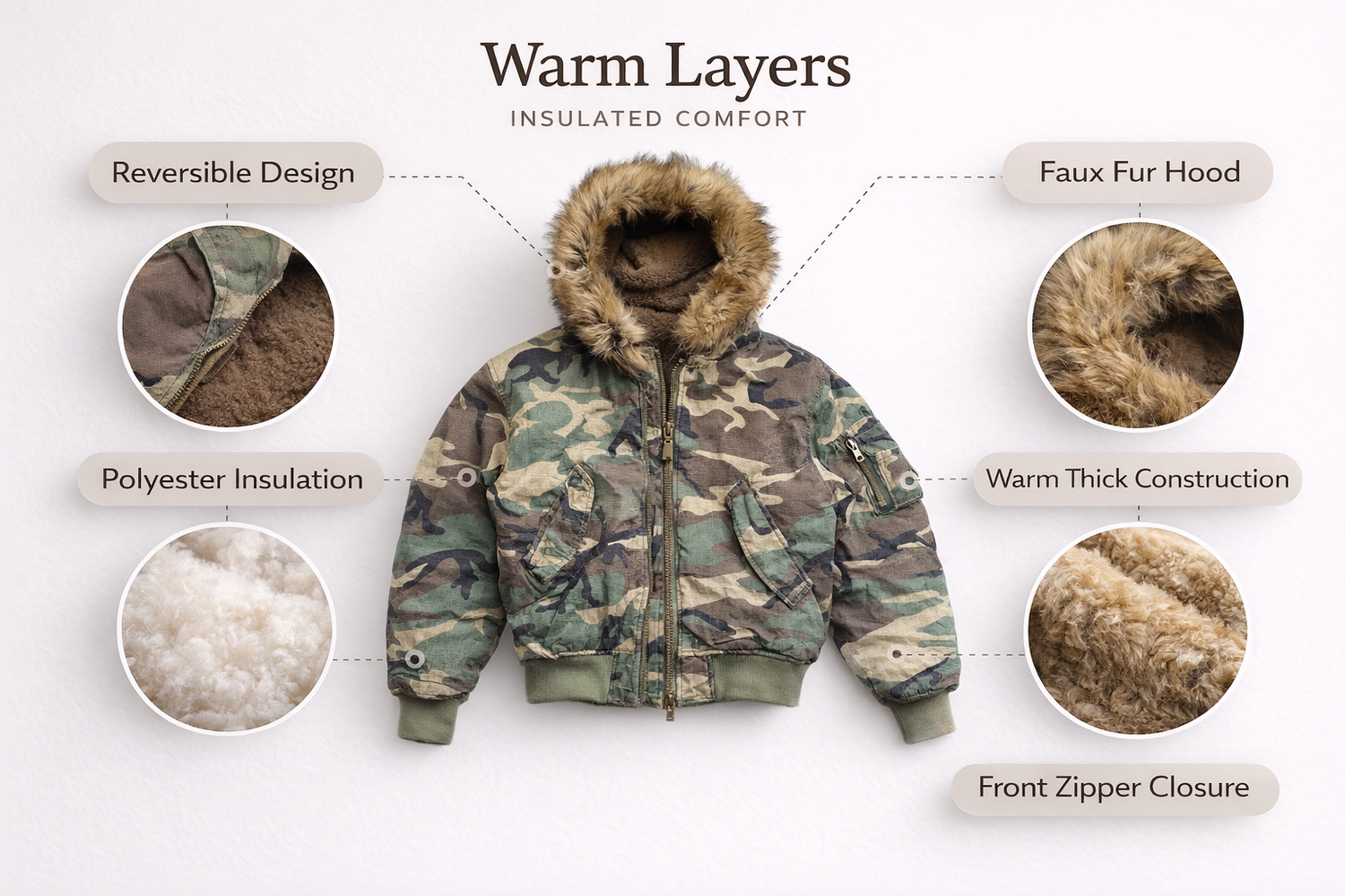 Reversible Camo Puffer Jacket | faux fur hood collar close up