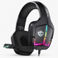 Wired RGB gaming headset in black, front view with lit ear cups