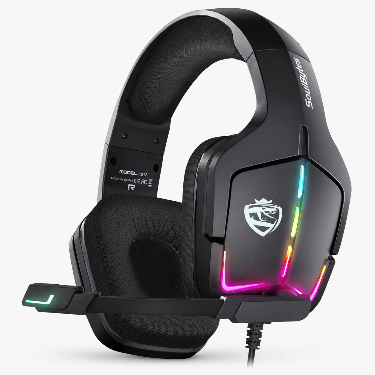 Wired RGB gaming headset in black, front view with lit ear cups