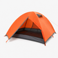 Side angle of the double layer tent with guy lines pegged and tensioned