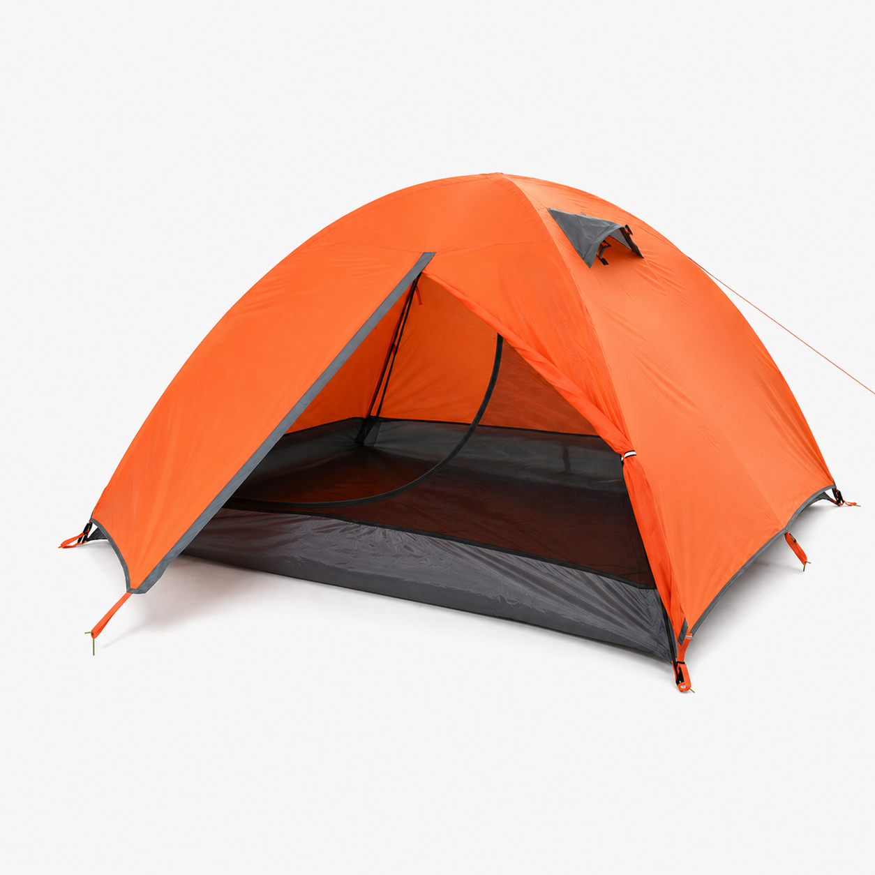 Side angle of the double layer tent with guy lines pegged and tensioned