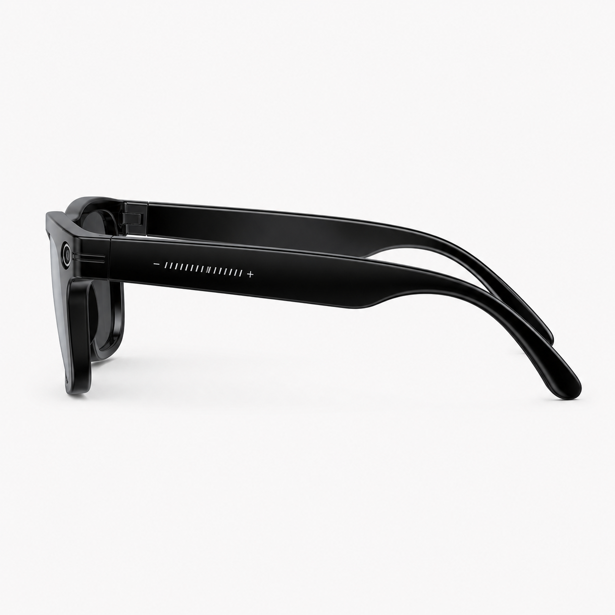 Side angle of smart glasses showing the speaker arm and hinge detail