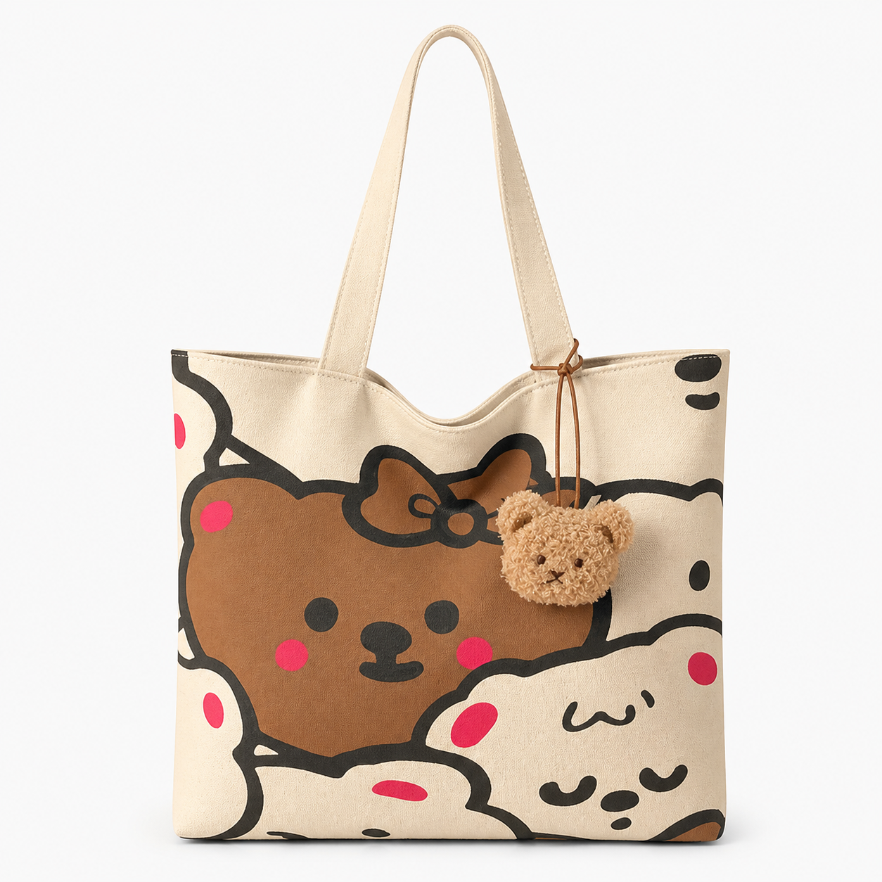 Cartoon bear canvas tote bag carried on the shoulder during a daily errand